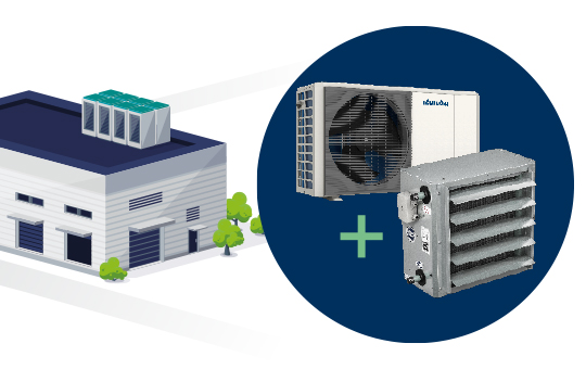 Hallenheizung mit Lufterhitzer und Wärmepumpe